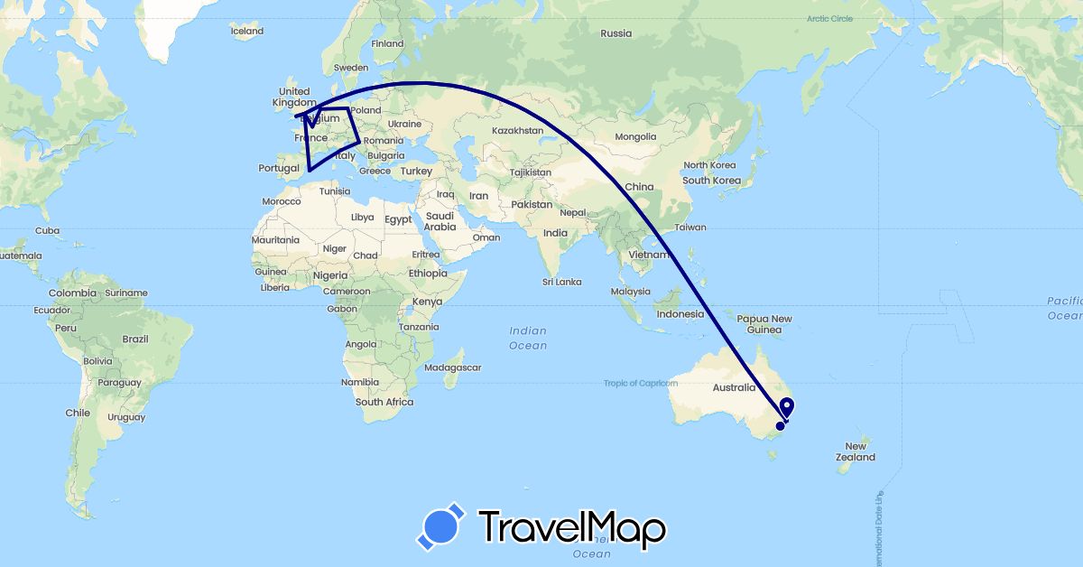 TravelMap itinerary: driving in Australia, Germany, Spain, France, United Kingdom, Croatia, Italy, Netherlands (Europe, Oceania)
